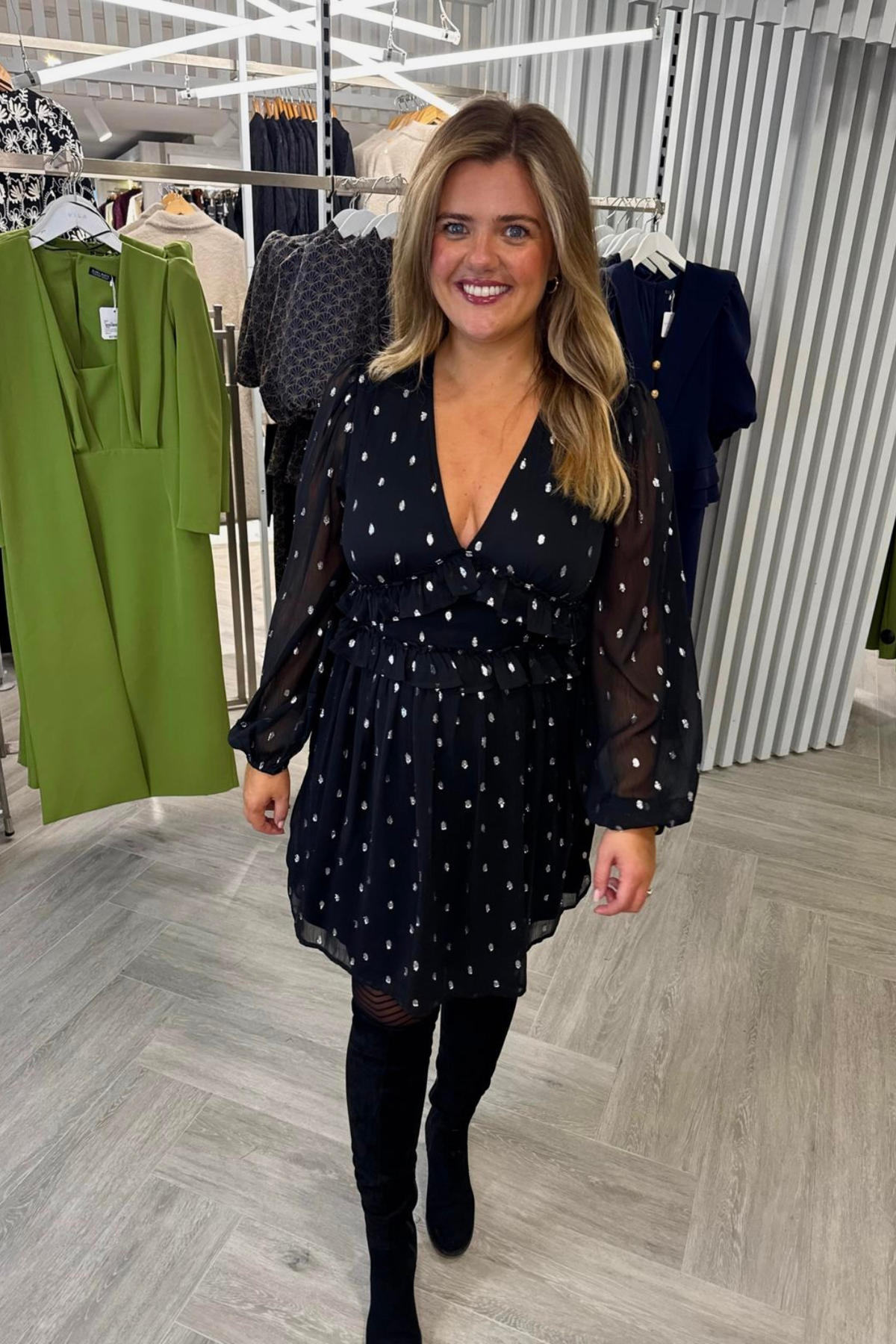 Tommi Black Foil Chiffon Short Dress