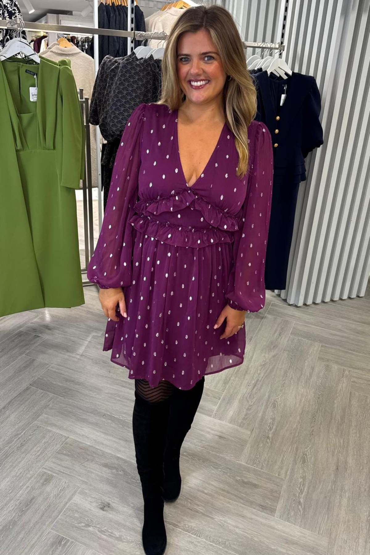 Tommi Purple Foil Chiffon Dress