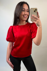 Ellette Satin Puff Red Top