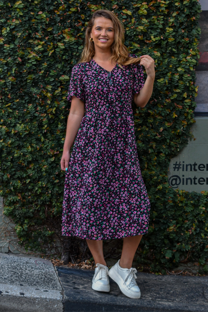 Marie Black Floral Midi Dress