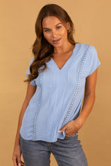 Gigi V-Neck Lace Detail Blue Top