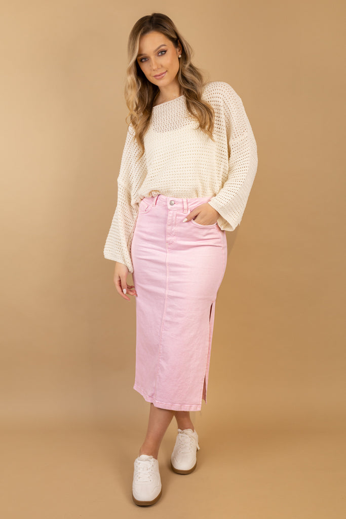 Kath Pink Stretch Denim Midaxi Skirt