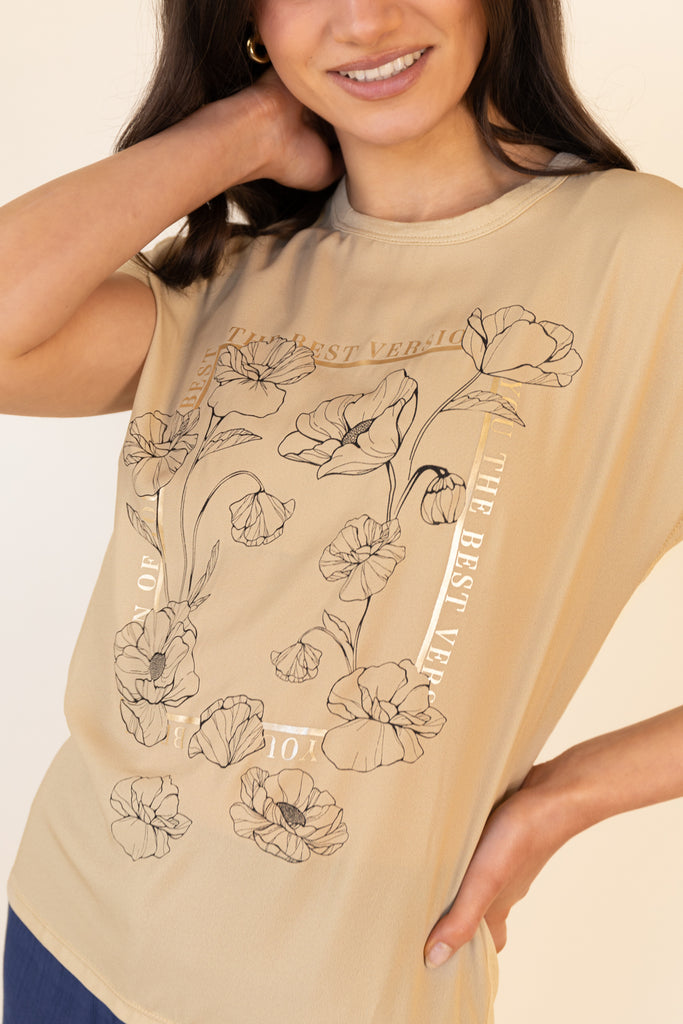 Flora Beige Foil Graphic Print T-Shirt