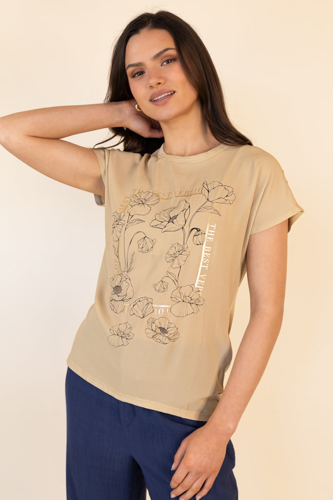 Flora Beige Foil Graphic Print T-Shirt