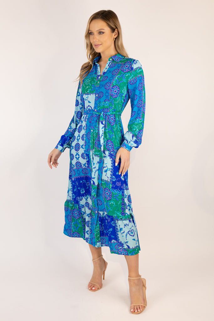 Alma Emily Blue & Green Paisley Print Shirt Dress