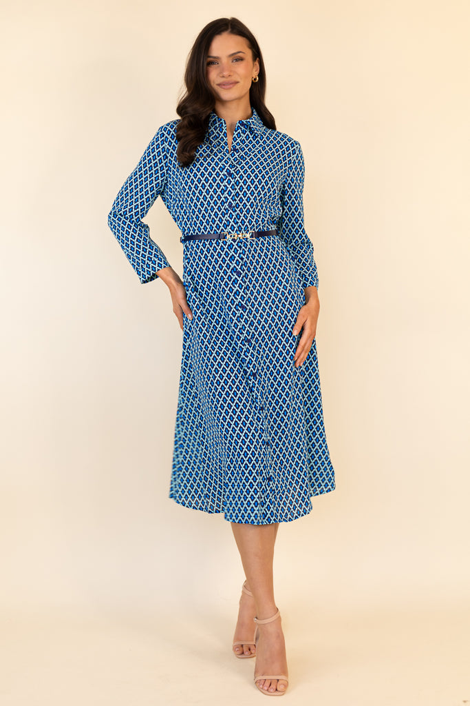 Perrie Belted Blue & Green Geo Print Dress