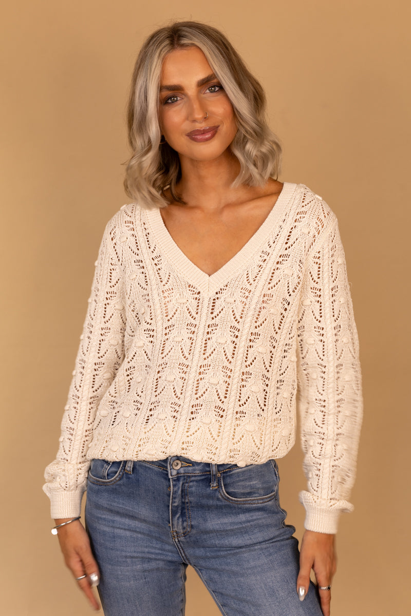 Thena V-Neck Cream Detail Knit