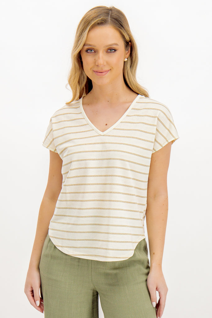 Bi Cream & Gold Lurex Stripe V-Neck T-Shirt