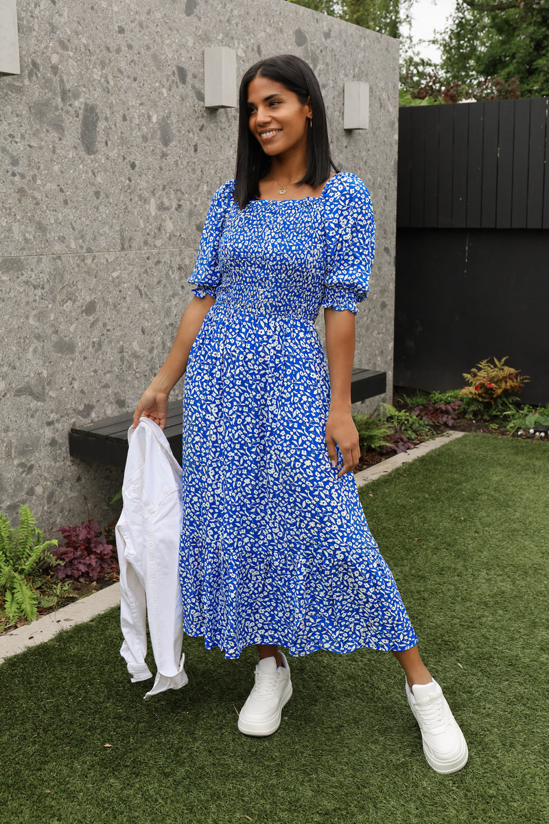 Marcia Blue & White Square Neck Floral Printed Dress