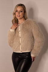 Vada Beige Faux Fur Buttoned Jacket