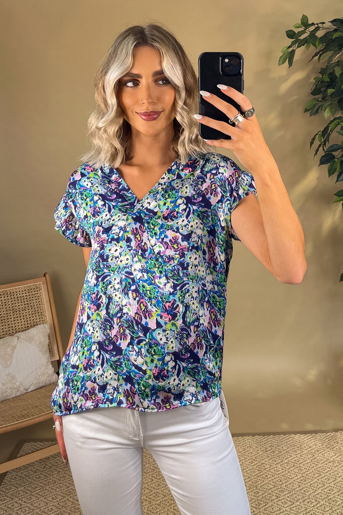 Sandy Navy & Green Printed Floral Top