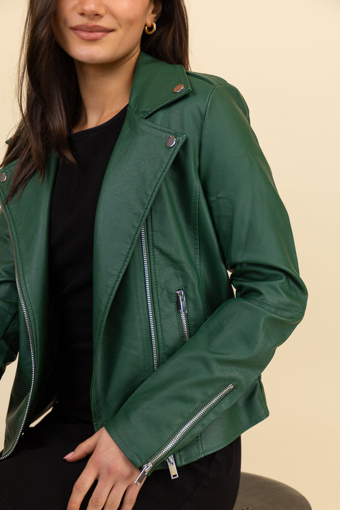 Cara Pine Green Faux Leather Jacket