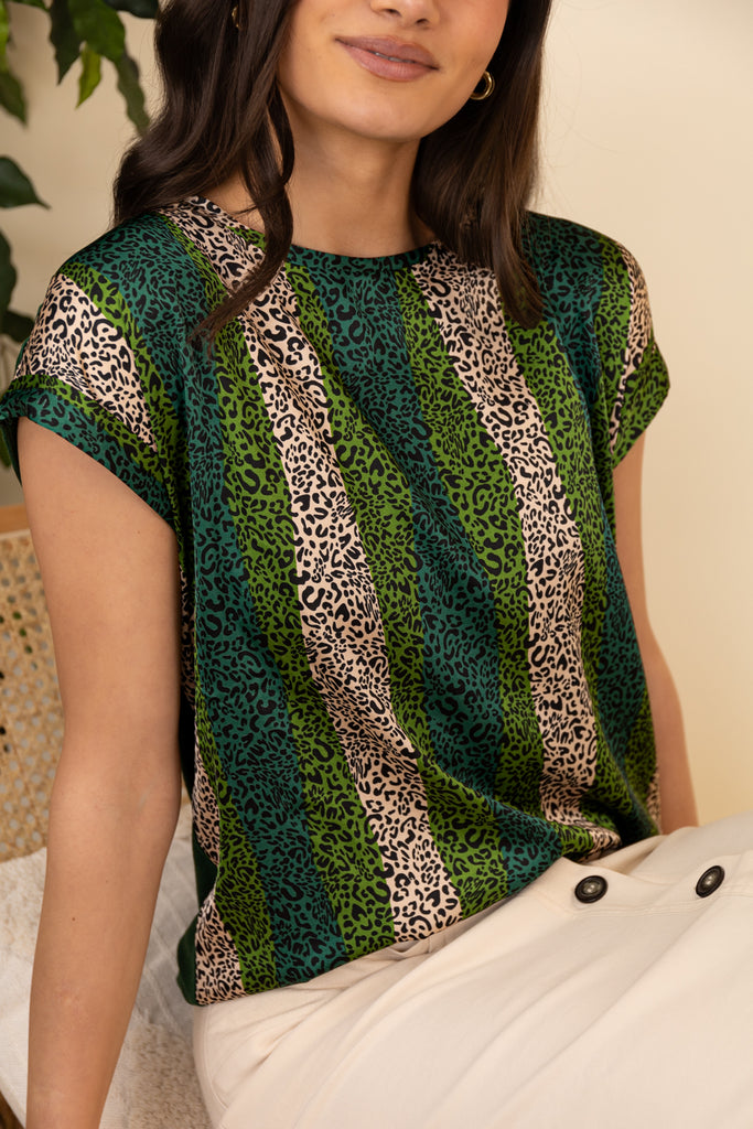 Green Leopard Print Sateen & Jersey Top