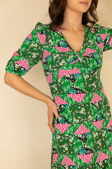 Miri Green Printed V-Neck Midi Dress