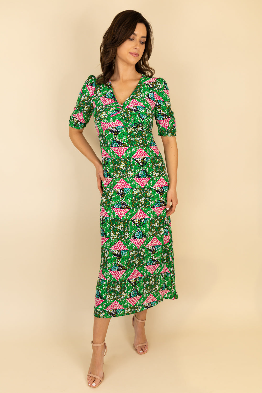 Miri Green Printed V-Neck Midi Dress