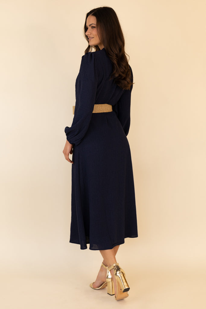 Mari Navy Buttoned Belted Midi Dress