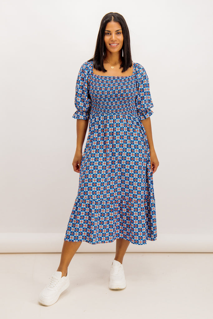 Orla Blue & White Square Print Dress