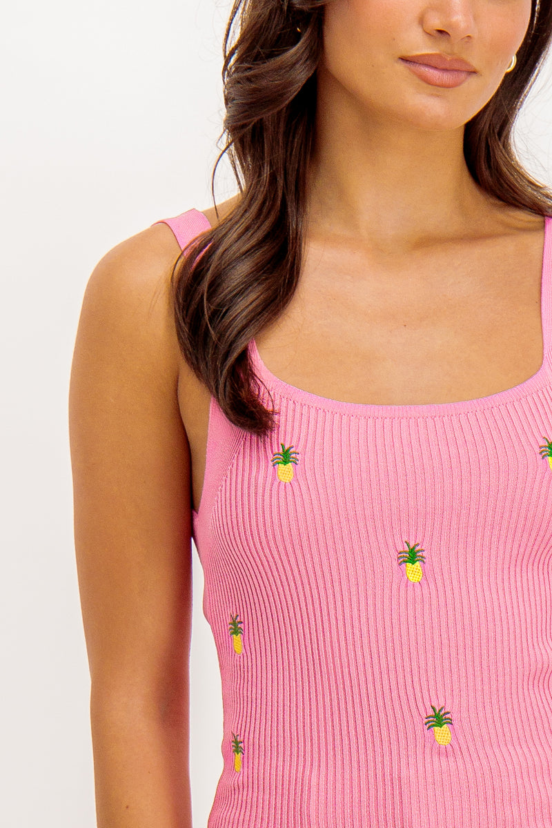 Pink Lula Ribbed Embroidered Tank