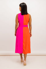 Clara Orange & Fuchsia Belted Midi Dress