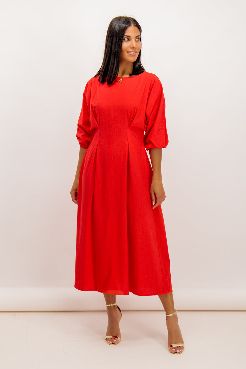 Bianca Coral Ruched Puff Sleeve Dress