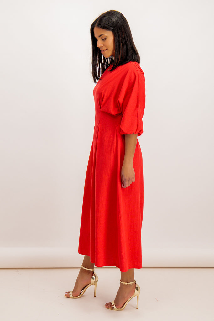 Bianca Coral Ruched Puff Sleeve Dress
