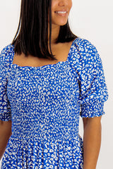 Marcia Blue & White Square Neck Floral Printed Dress