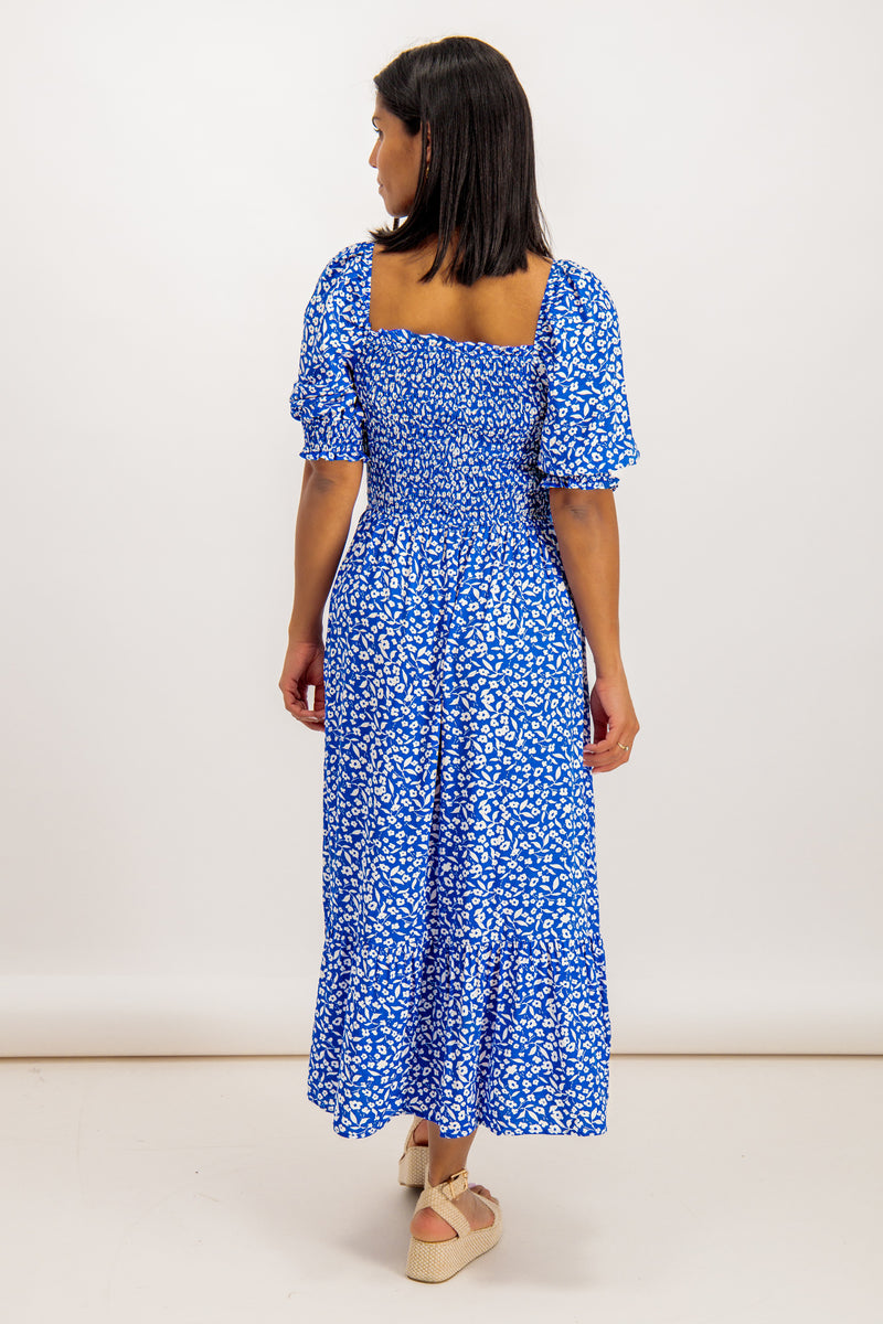Marcia Blue & White Square Neck Floral Printed Dress