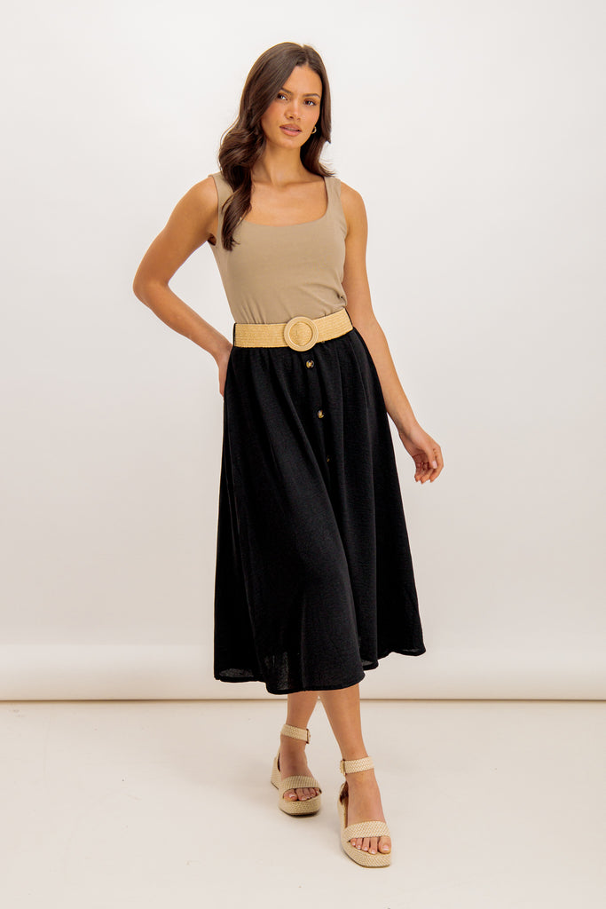Tara Black Button Belted Midi Skirt