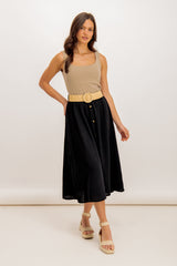 Tara Black Button Belted Midi Skirt