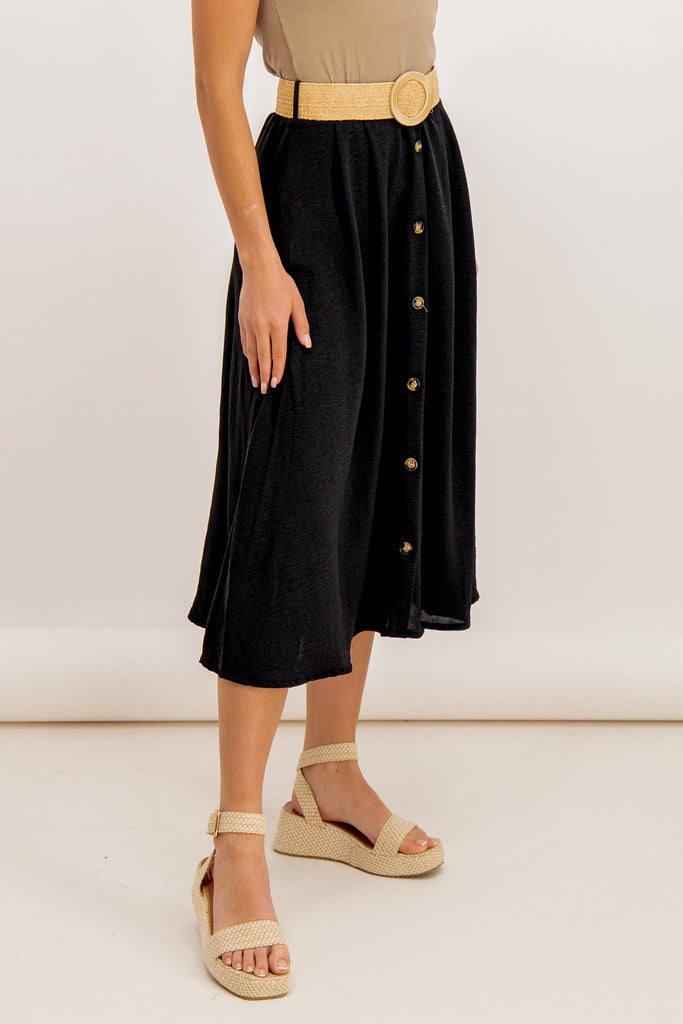 Tara Black Button Belted Midi Skirt