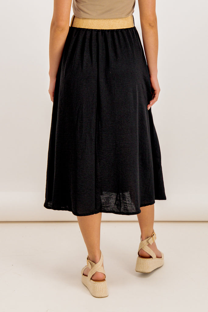 Tara Black Button Belted Midi Skirt