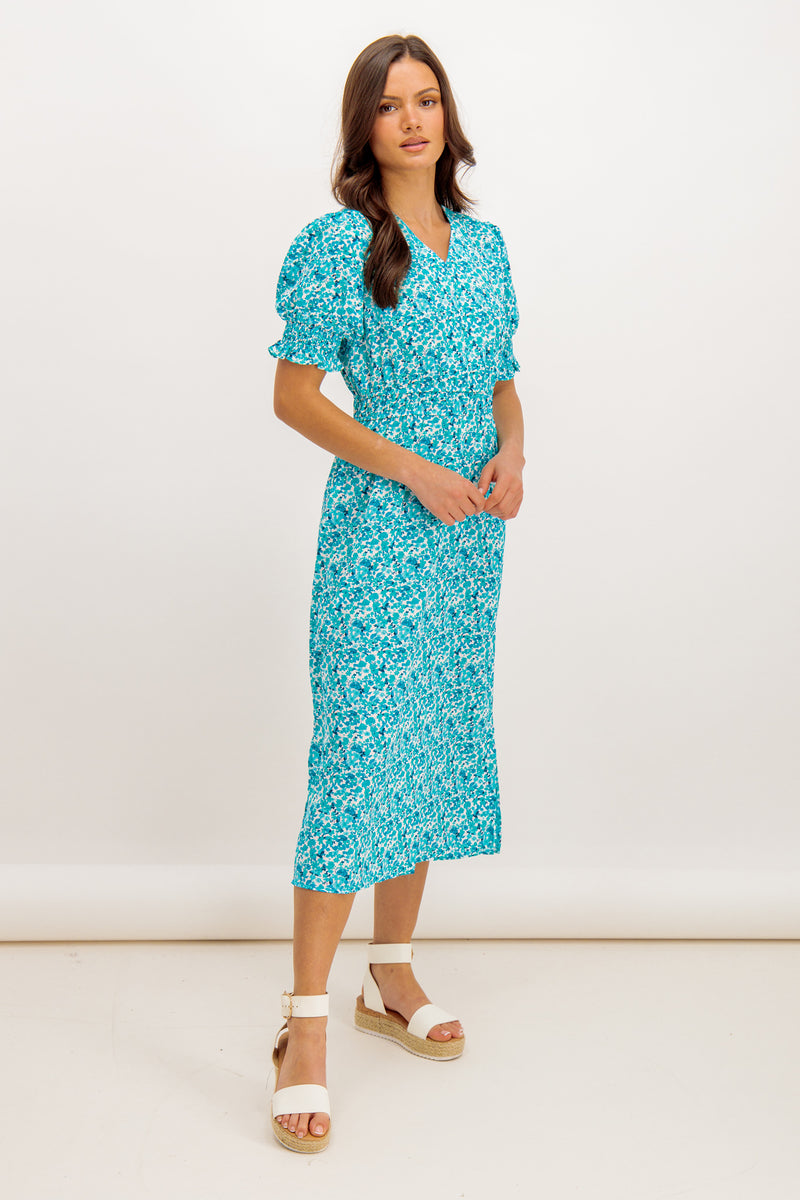 Katie Blue Ditzy Floral Puff Sleeve Dress