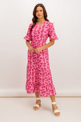 Karina Pink Floral Faux Wrap Midi Dress