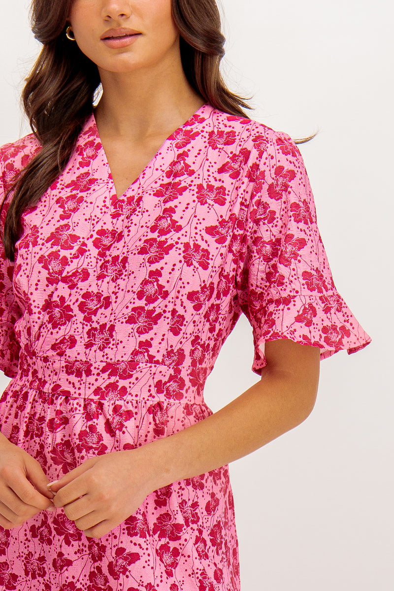 Karina Pink Floral Faux Wrap Midi Dress
