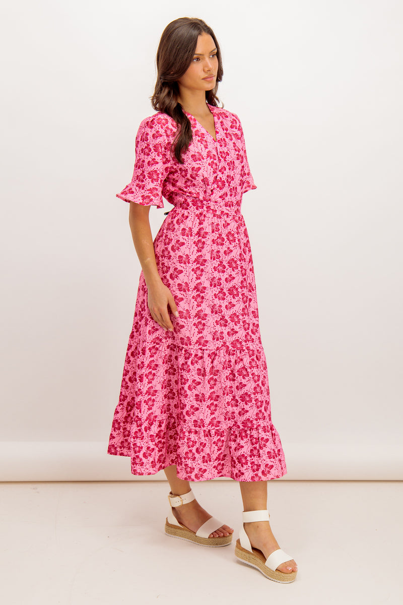 Karina Pink Floral Faux Wrap Midi Dress