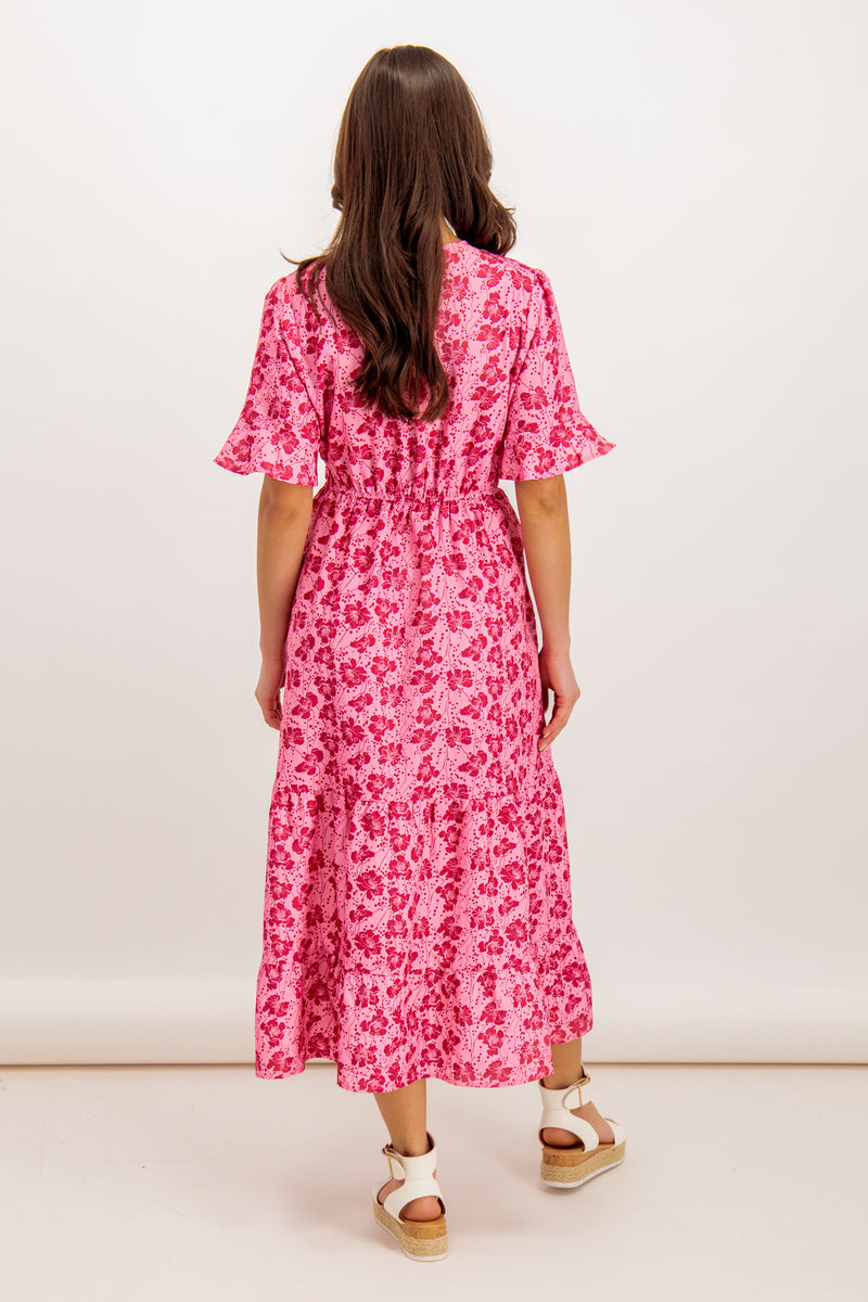 Karina Pink Floral Faux Wrap Midi Dress