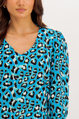 Laoise Blue V-Neck Leopard Print Top