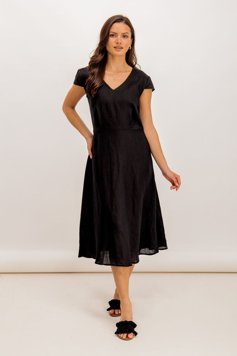 Louisa Black Linen Cap Sleeve Dress