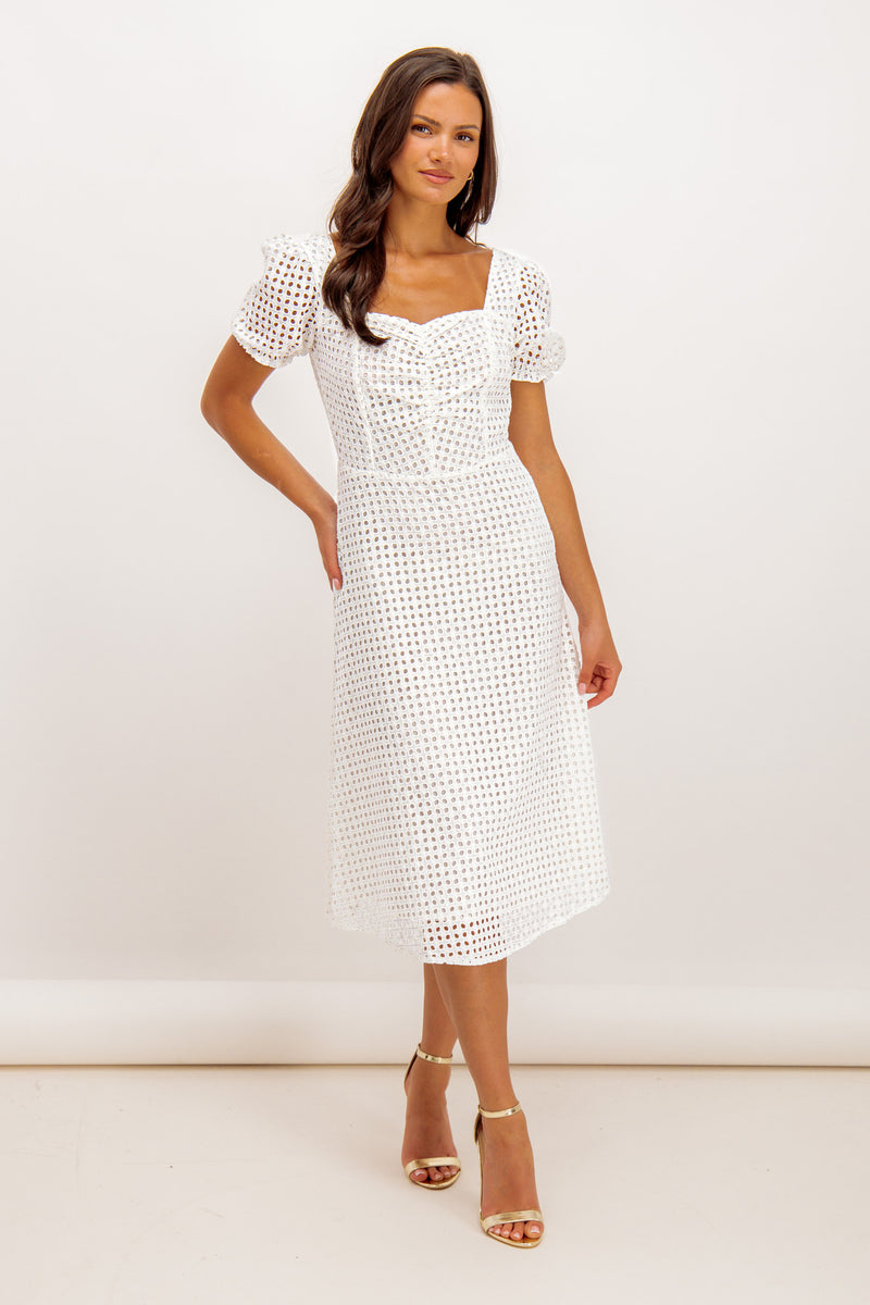 Larisa White Crochet Midi Dress