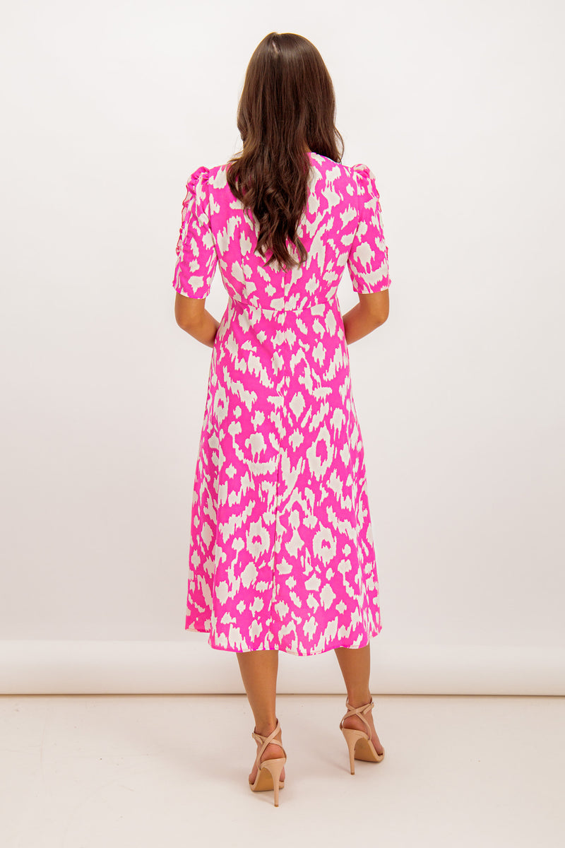 Fiona Pink & White Printed Frill Dress