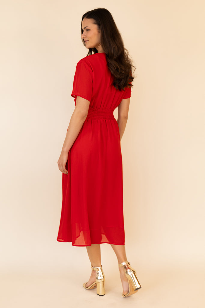 Clara Red V- Neck Midi Dress