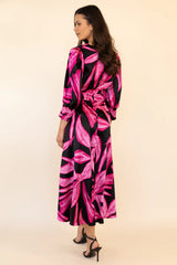 Rexa Black & Pink Printed V-Neck Midi Dress