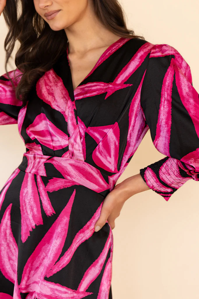 Rexa Black & Pink Printed V-Neck Midi Dress