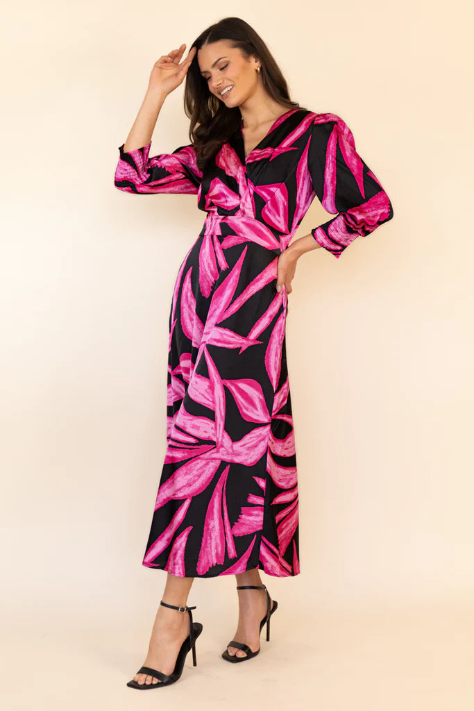 Rexa Black & Pink Printed V-Neck Midi Dress