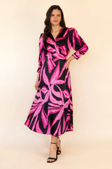 Rexa Black & Pink Printed V-Neck Midi Dress