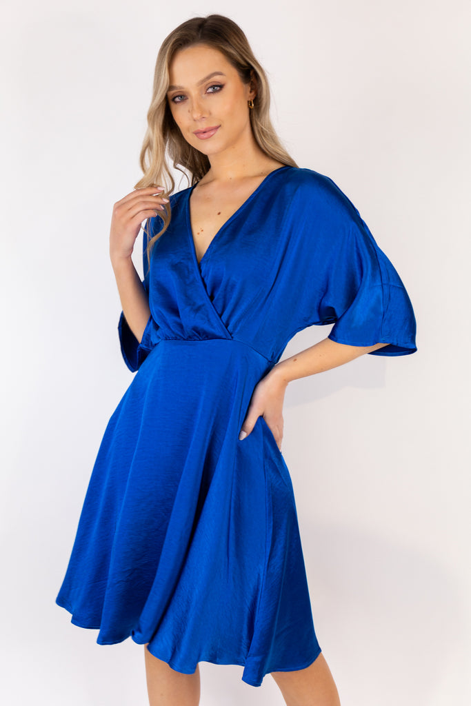 Sateen V-Neck Short Blue Dress