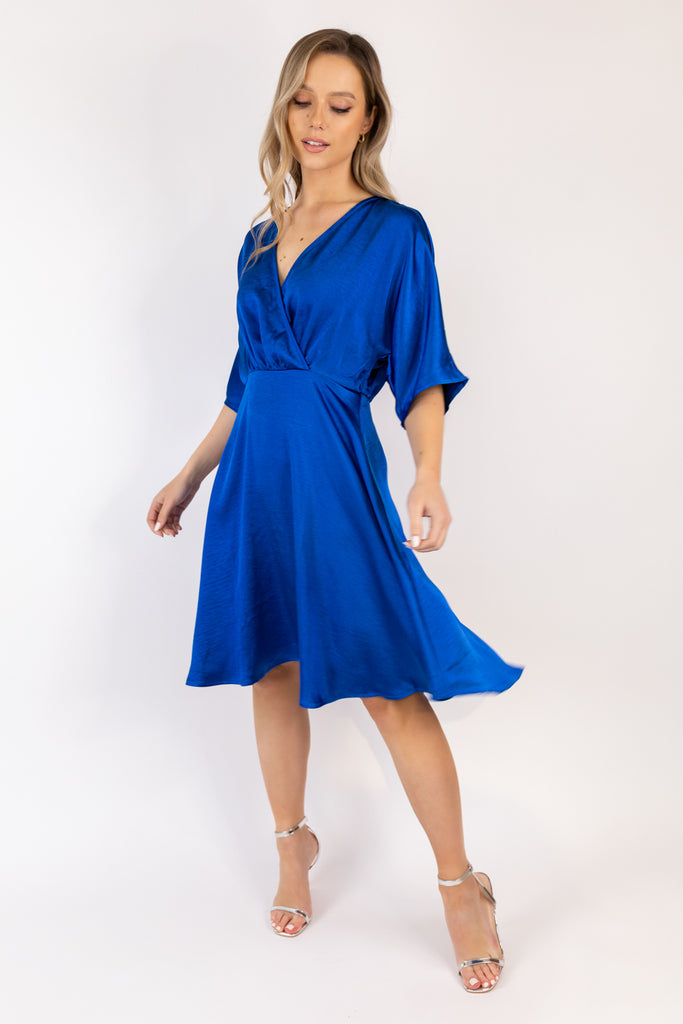 Sateen V-Neck Short Blue Dress
