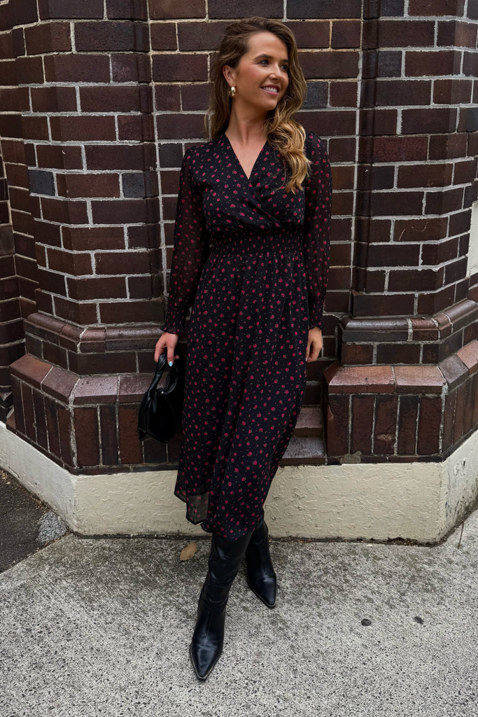 Brielle Black Ditsy Printed Midi Dress