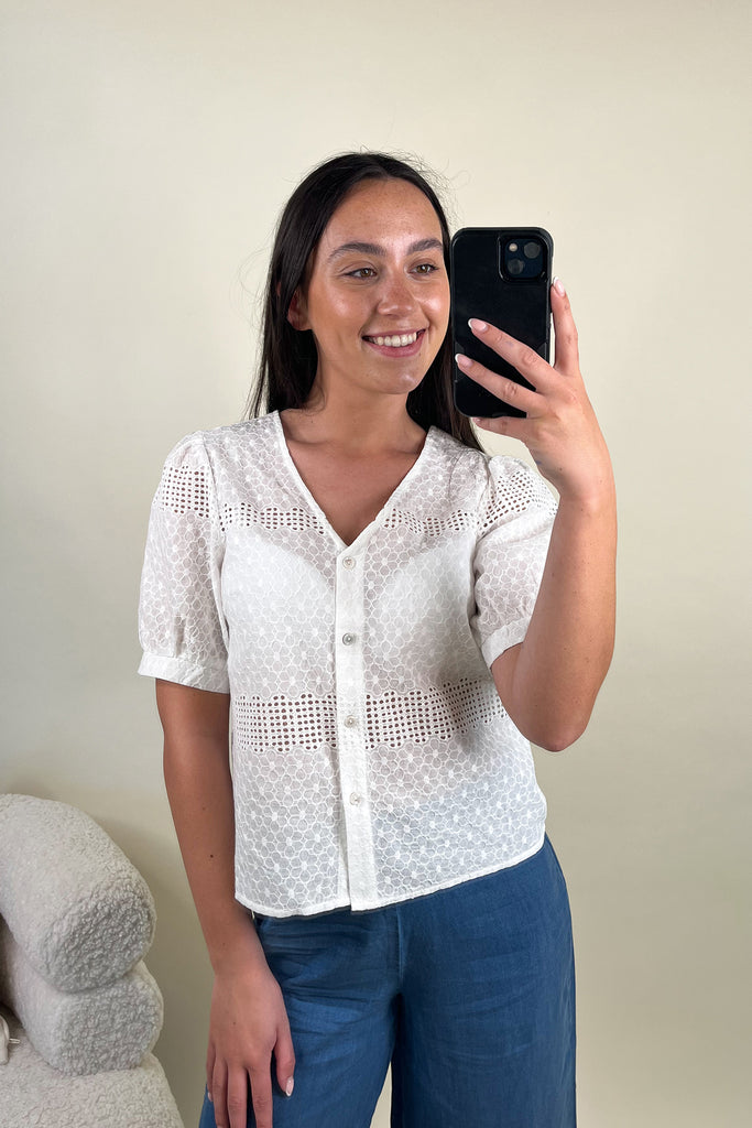 Taya White Anglaise Puff Sleeve Top
