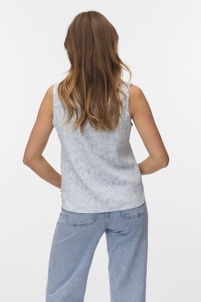 Harper Collared Sleeveless Light Blue Print Denim Top
